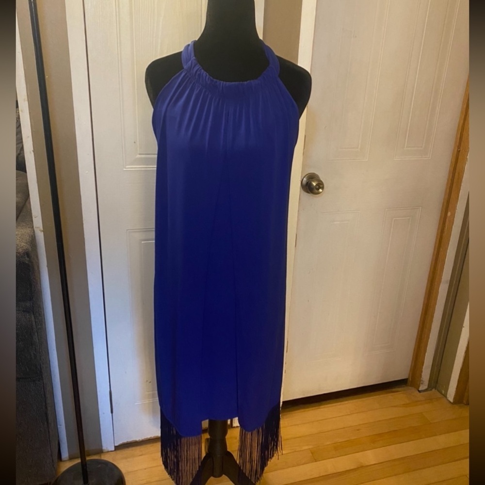 Chico's Royal Blue Halter Midi Dress with Fringe (Party, Chic)